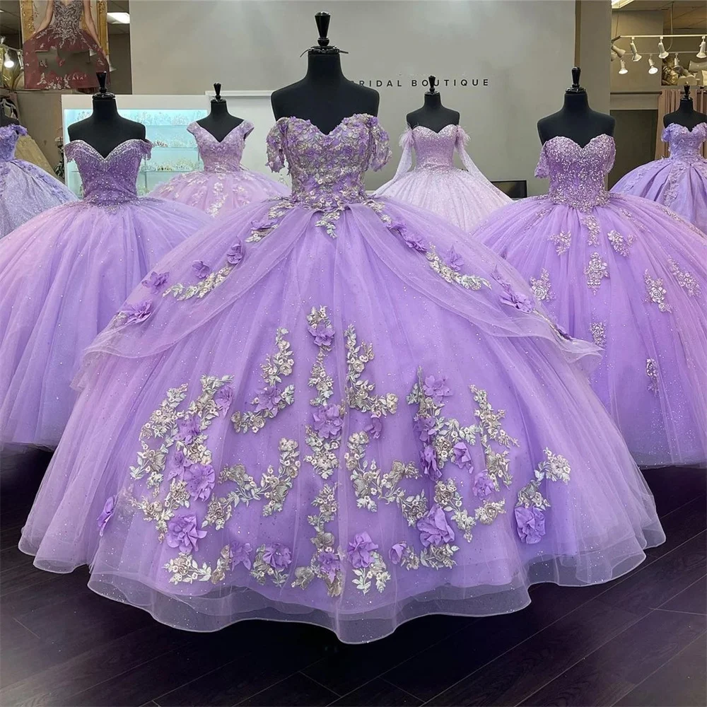 Vestidos de Quinceañera de encaje púrpura claro, vestido de baile, flores 3D, dulce, 15, 16 años, princesa