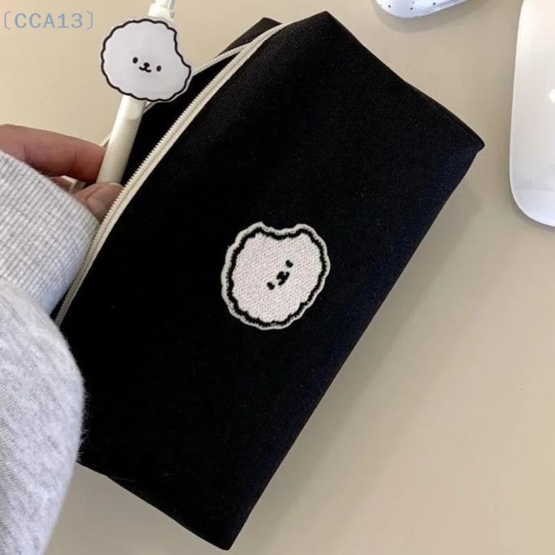 [CCA13]Cartoon Black Puppy Print Canvas Pencil Case Roomy Stationery Organizer Pen Bag for Middle School Students Office