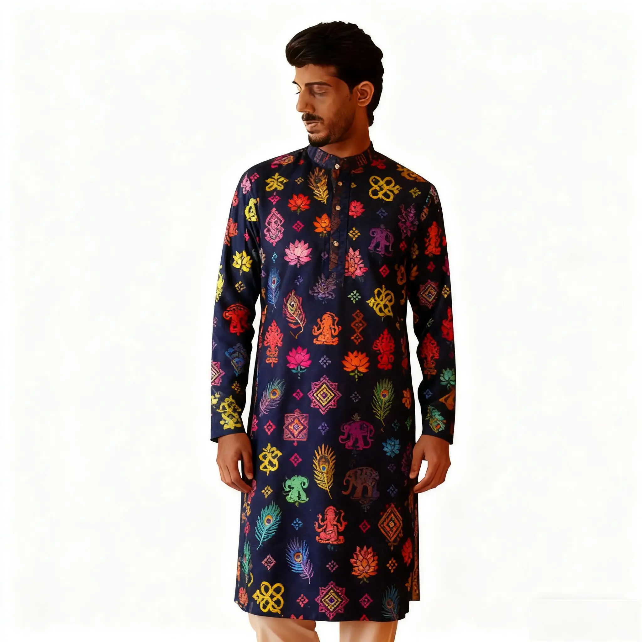 新メンズデジタルプリントクルタヴァルダレギュラーフィットマンダリンカラーロング丈あらゆる場面に適したジャバドールモロッコ男性ムスリム男性