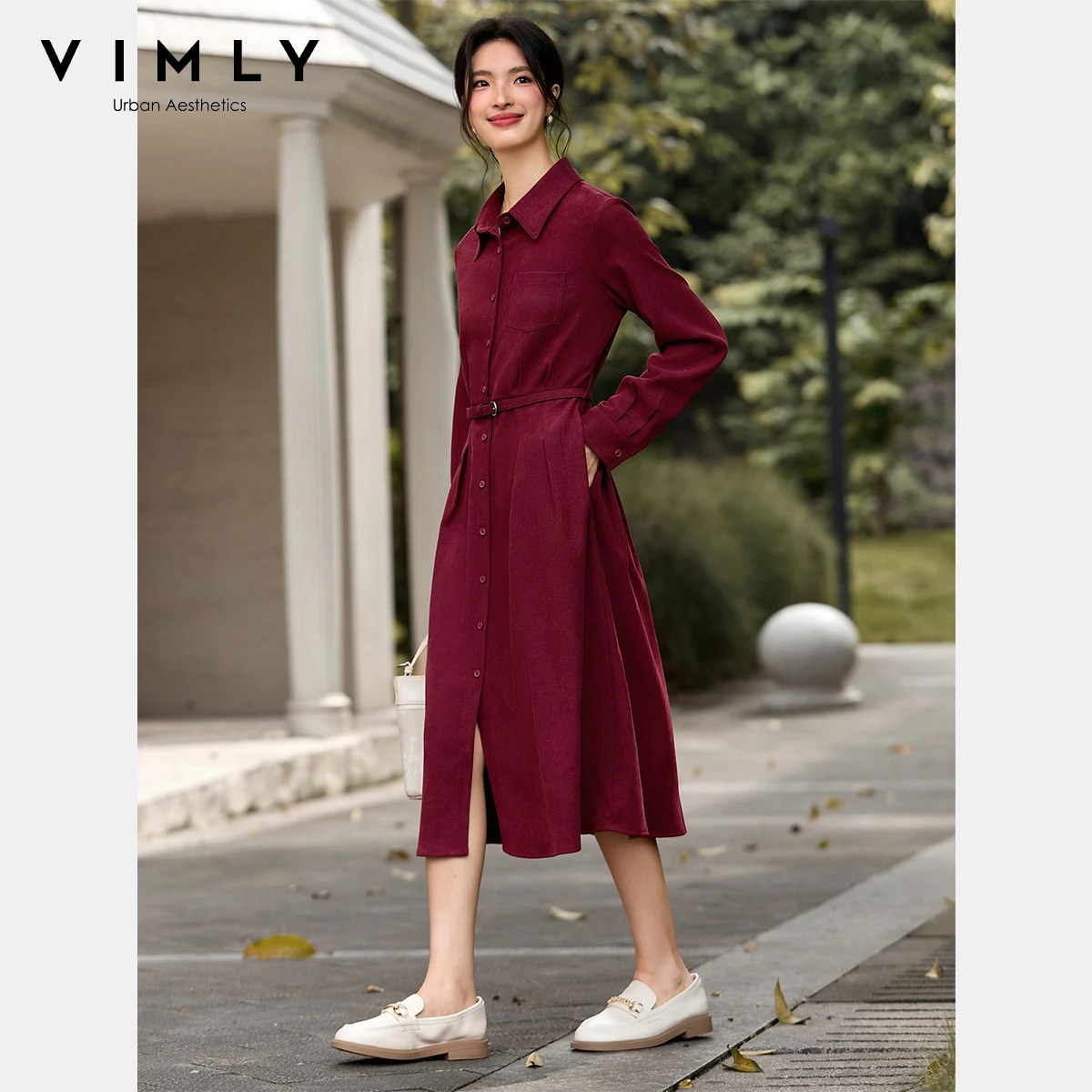 VIMLY Woman Red Long Dress French Style Turn-down Neck Sashes Dresses 2025 Autumn Vintage Button Straight Ladies Dress A2790