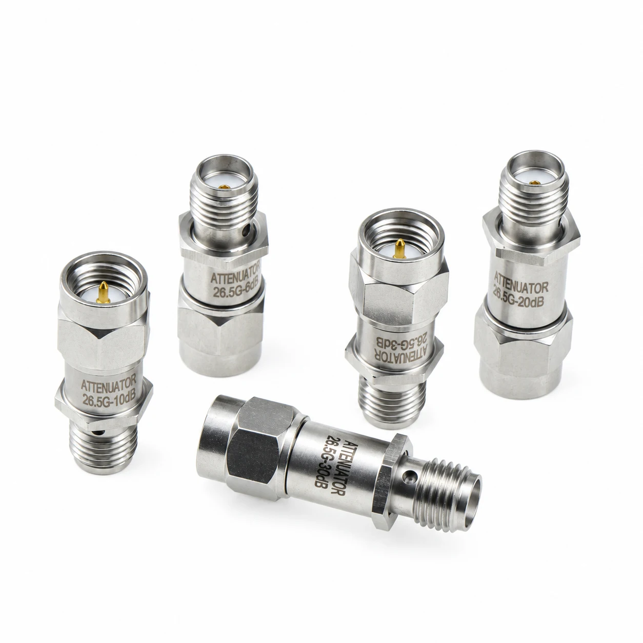 1 pcs 2W coaxial attenuator with 3/6/10/20/30DB attenuation in DC-26.5GHz, made of stainless steel.