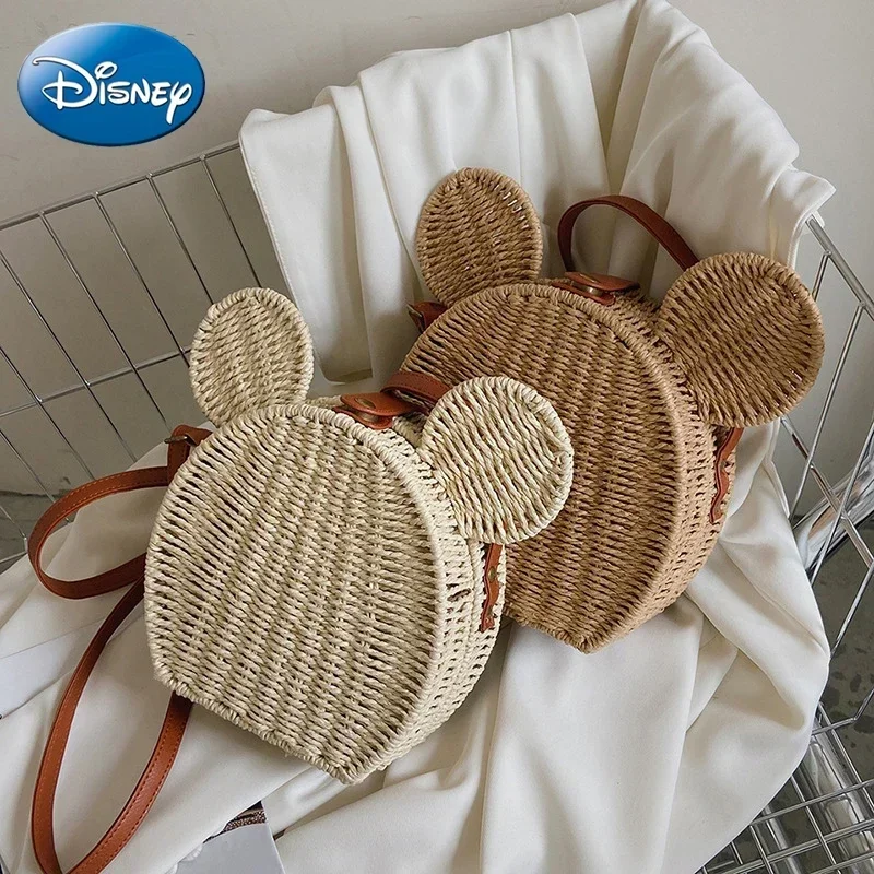 Disney New Ladies Designer Straw Fancy Bag Cute Handbag Rattan Travel Leisure Vacation Small Round Beach Mickey Shoulder Bag