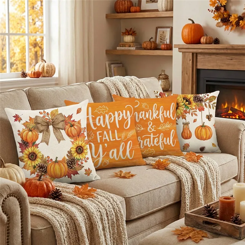 Thanksgiving Fall Harvest Throw Pillow Cover 45x45cm Maple Leaf Pumpkin Sunflower Printed Square Cushion Cover for Sofa Bedroom