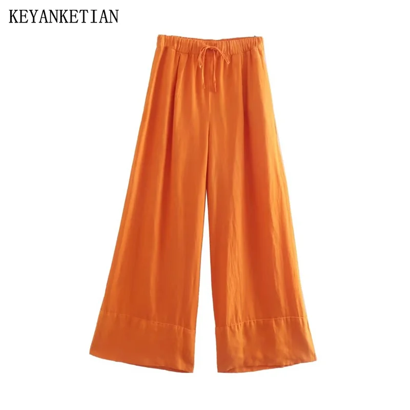 

KEYANKETIAN Autumn Women's Linen Blend Wide-Leg Pants Casual Style Stretch Front Knot High-Waisted Solid Color Slacks Trousers