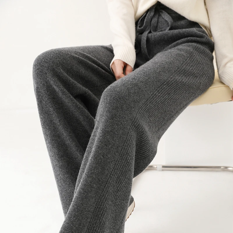 Women Wide Leg Pants 100% Merino Wool Knitting Pant Autumn Winter Solid Color Soft Warm Trousers for female YP01