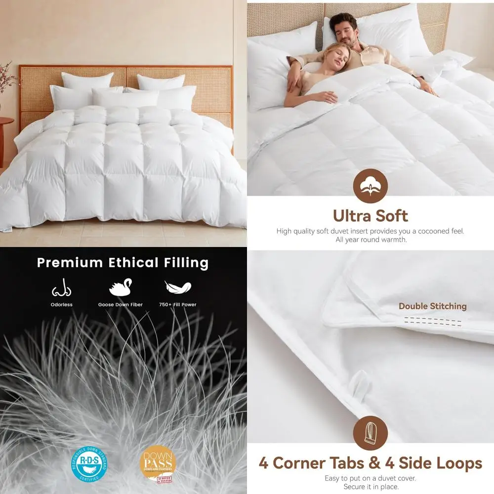 

King Size Goose Down Comforter, All-Season Duvet Insert, 750 Fill Power Luxury Bedding, Ultra Soft 100% Organic Cotton Cover
