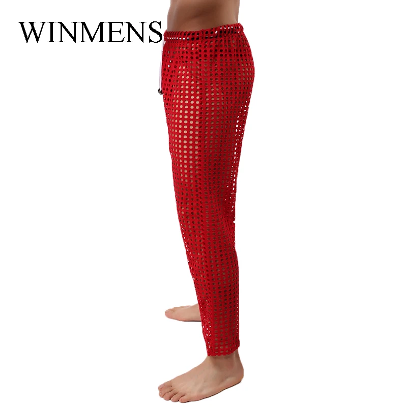 Men\'s Sleep Bottoms Cut-outs Fishnet Pajama Pants For Adult Gay Sissy Erotic See Through Bedtime Trousers Sheer Nightwear