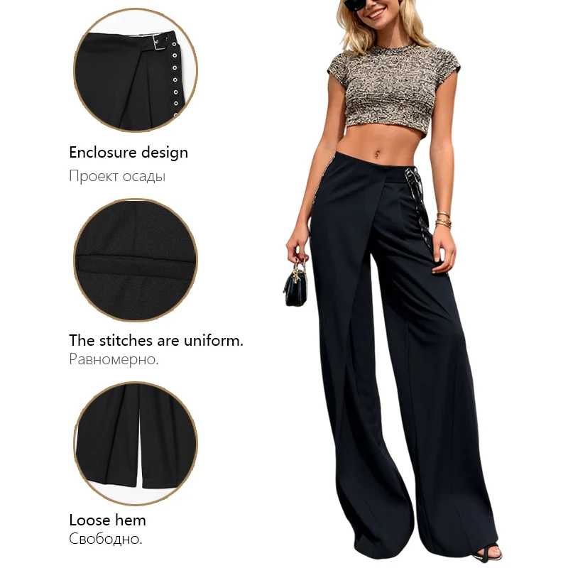 サイドバックル装飾付きレディースカジュアルパンツ エレガントで多用途なワイドレッグパンツ 春と秋の日常着