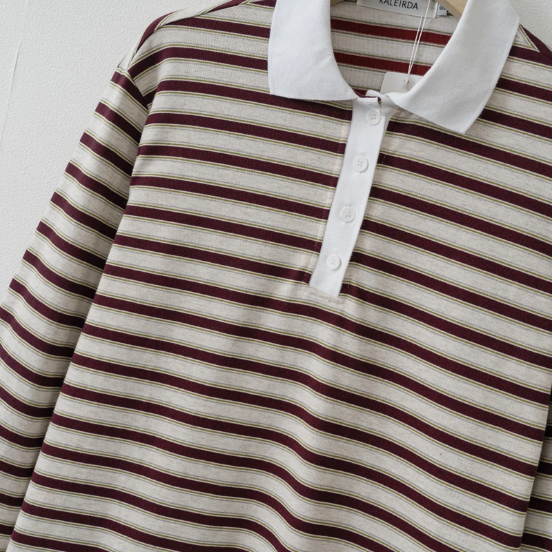 Women's Striped Long Sleeve Polo Shirt
