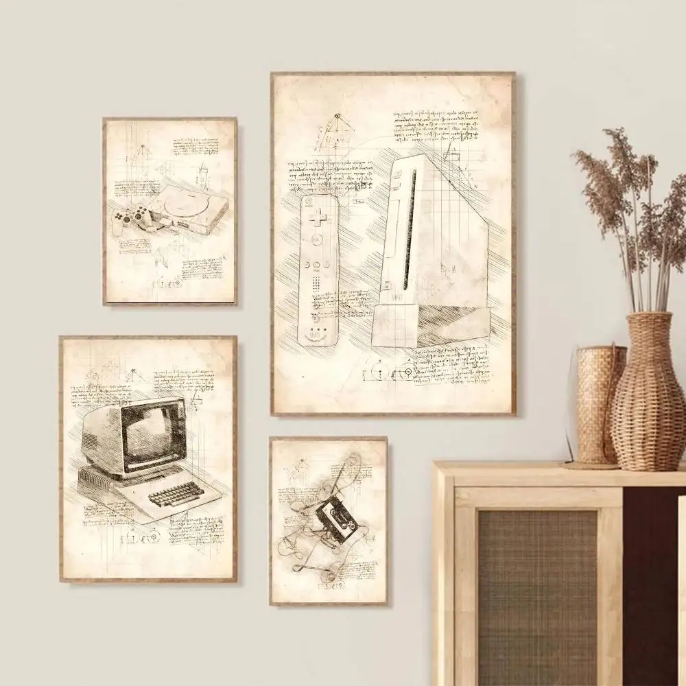 Vintage Hand Sketch Game Device Poster Retro Audio Cassette Game Machine Monitor Blueprint Wall Print Gamer Room Nostalgic Decor