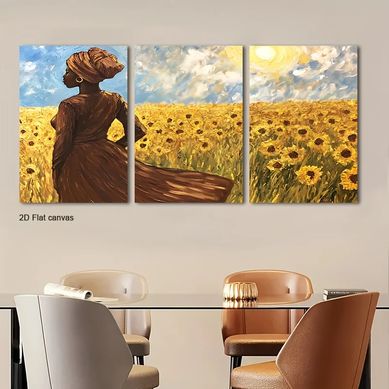 Frameless Canvas 2D Flat, 2D Flat, 2D Flat Set Of Three 2D Flat Canvas Artworks Featuring Sunflower Field Silhouettes, Frame