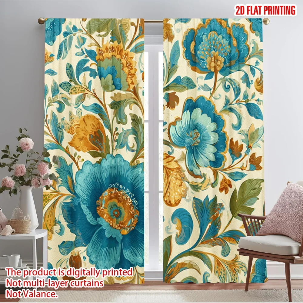 

2pcs 2D flat printing Window Drapes Floral Whimsy 100% Polyester Without Electricity Holiday Decorations Perfect for Festive