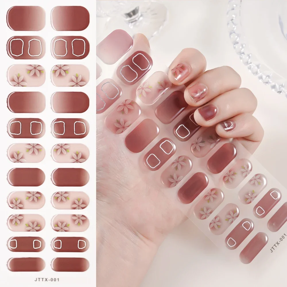 New 5D Semi Cured UV Gel Nail Slider Blush Flowers Design Full Nails Wrap Decals Waterproof UV Stickers for Salon&Home