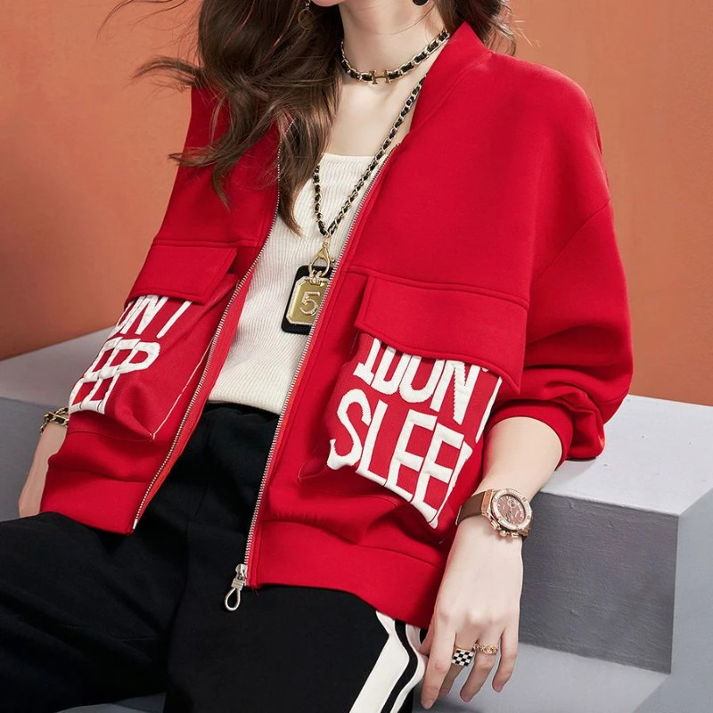 

Red Baseball Jersey Women's New Jacket Letter Printed Pocket Top