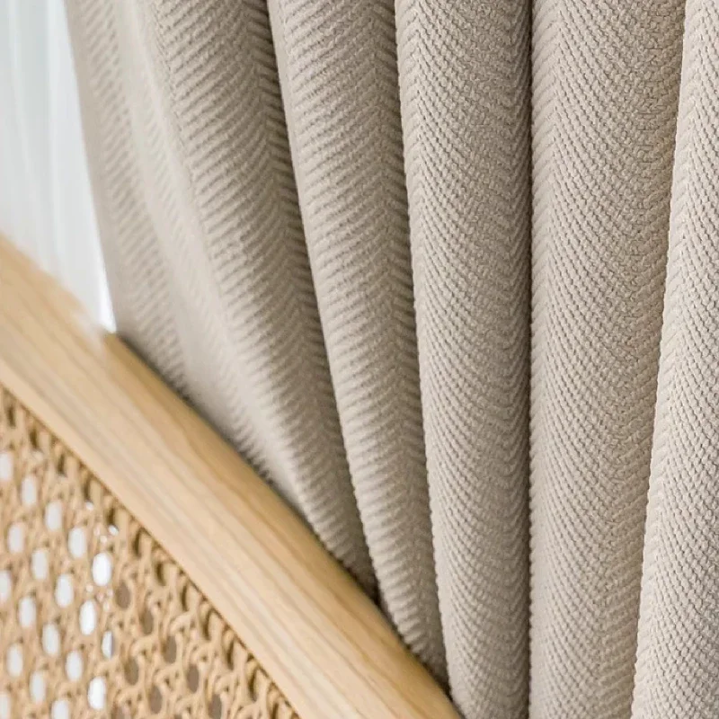 Customized Chenille Herringbone Pattern Milk Tea Color Thickened Jacquard Curtains for Living Room Bedroom French Window Balcony