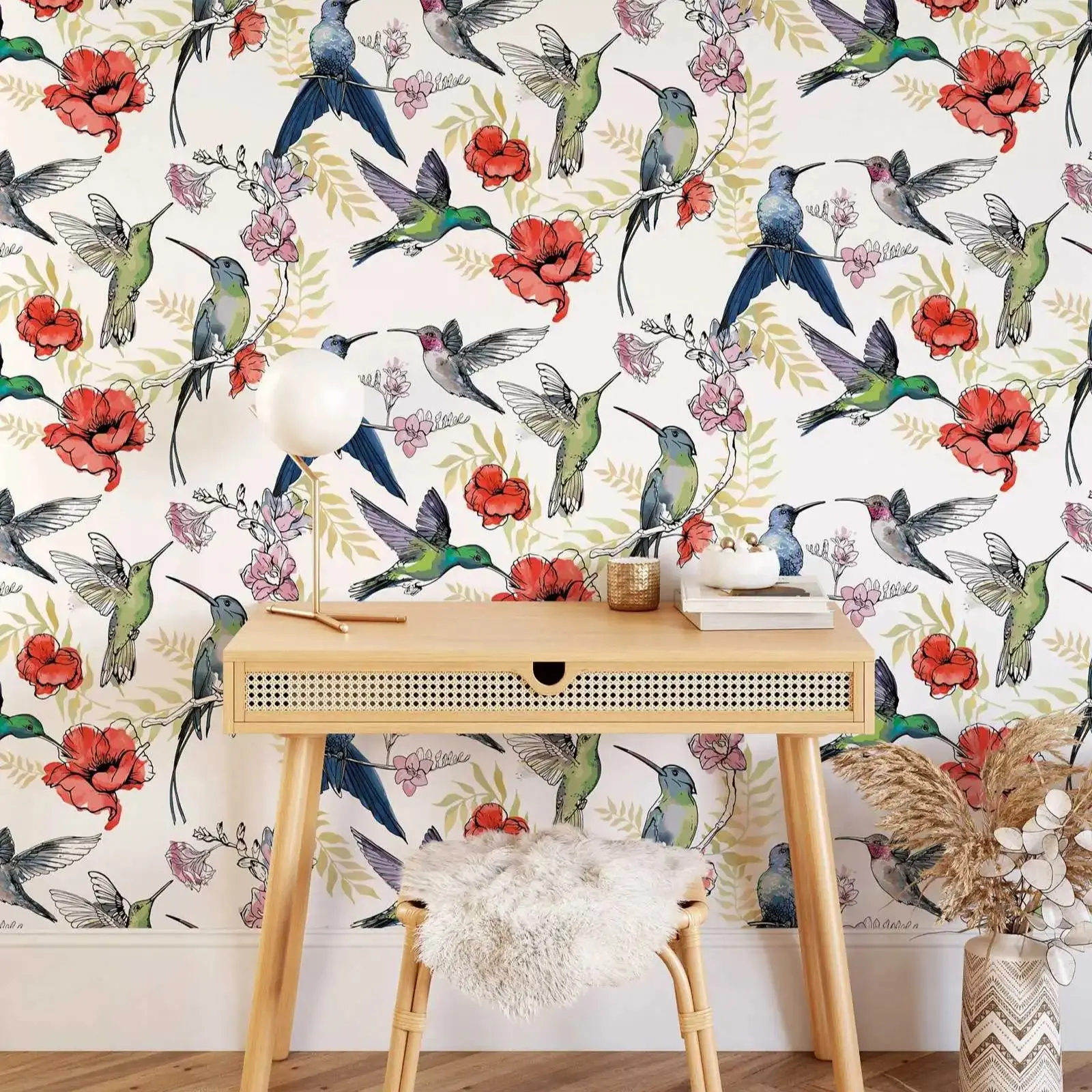 Wall Hanging Wall Decor Hummingbirds Customize Wallpaper,Watercolor Birds Self Adhesive Wall Mural For Home Decor,Or Traditional