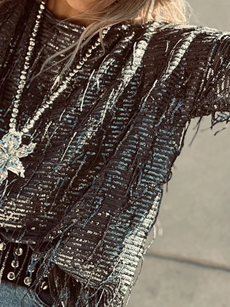 

Spring Autumn Casual Beaded Fringe Sequins Shirt Elegant Long Sleeve Streetwear Blouse Women Fashion O-neck Loose Pullover Tops