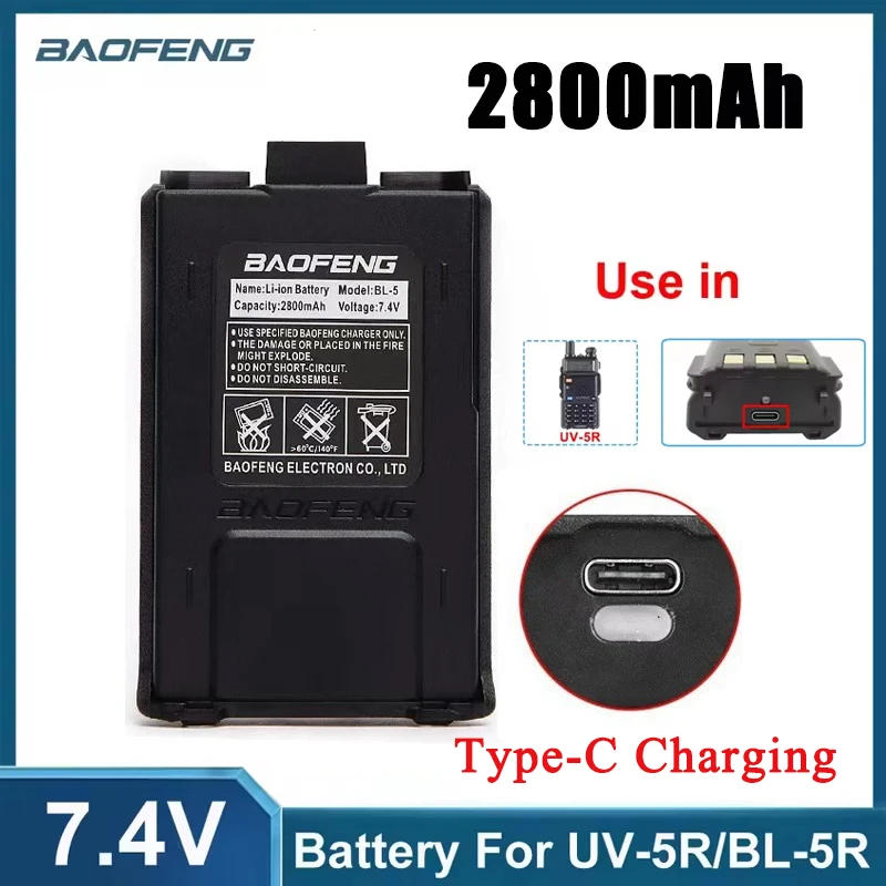Original Baofeng Akku UV5R Akku 2800mAh Lithium-Ionen-Akku DC 7,4V Typ-C für BL-5 UV-5R UV-5RA UV-5RE BF-F8 Zubehör