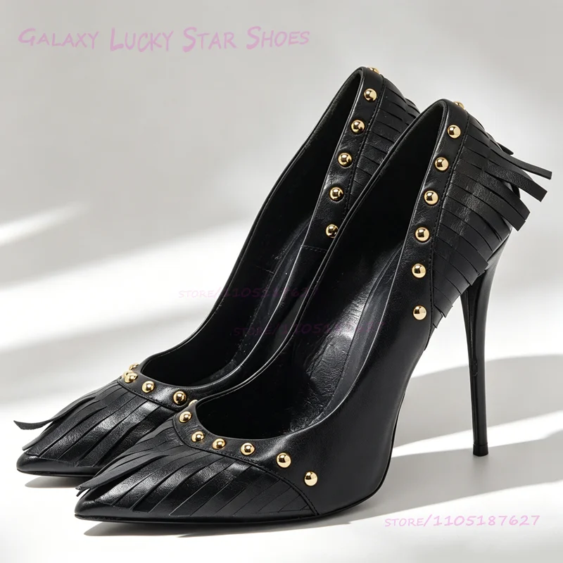

Pumps Gold Rivets Fringe Sandals Black Striped Leather Metal Rivet Trim Women Pointed Stiletto Heel Matte Shoes Summer Casual