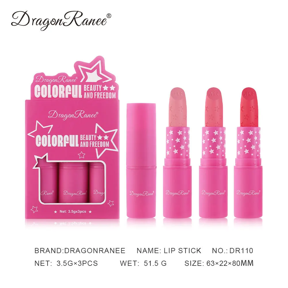 3-teiliges mattes rotes Lippenstift-Set, das nicht leicht abfallen ist, Barbie-Lippenstift-Set mit schwarzem Sternmuster und geschnitztem Rosen