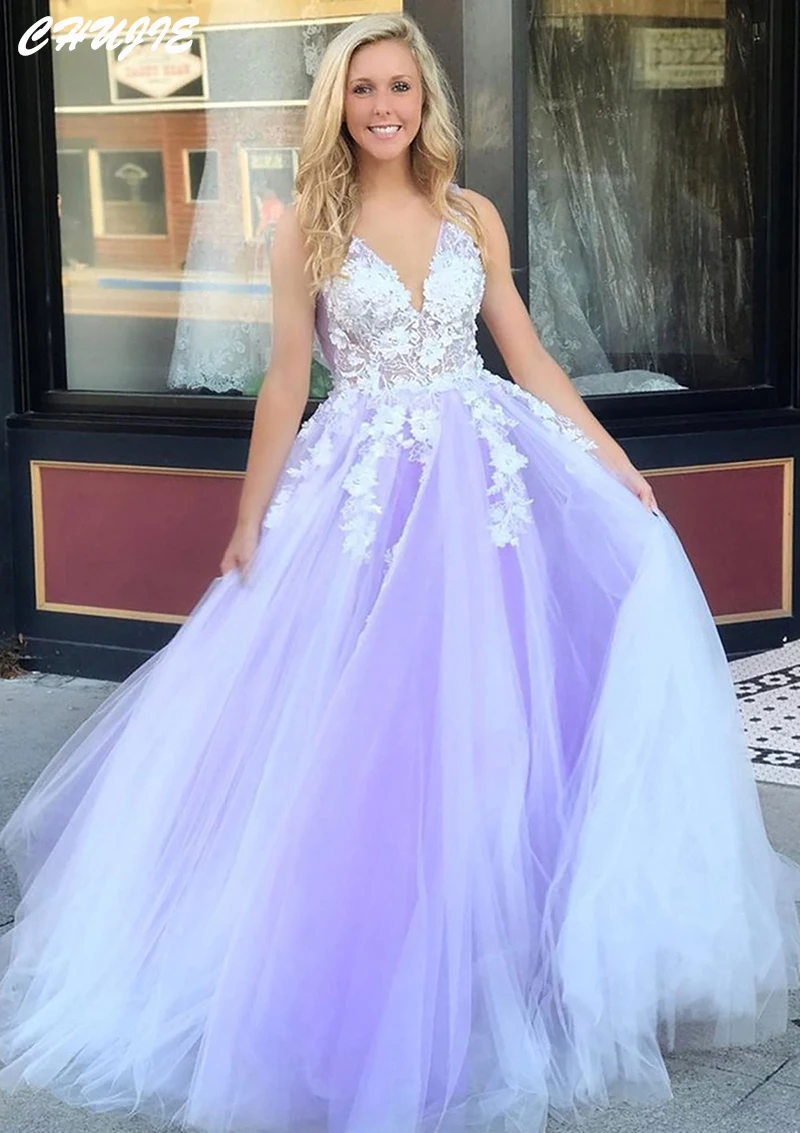 라벤더 Tulle Appliques 댄스 파티 드레스 V 넥 스파게티 스트랩 이브닝 가운 맞춤형 라인 웨딩 파티 드레스 robe soirée