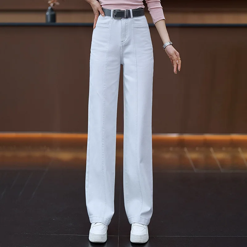 جينز أصفر ضيق واسع الساق للنساء، سروال طويل مستقيم فضفاض عالي الخصر للتخسيس متعدد الاستخدامات للربيع والخريف #2