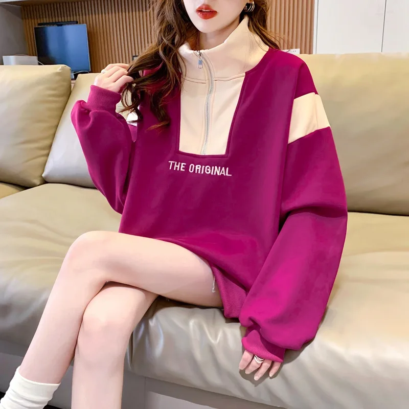 

2023 Spring Autumn Sweatshirt Women Fleece Patchwork Stand Collar Sweatshirt New Fashion Loose Original Design Clothes