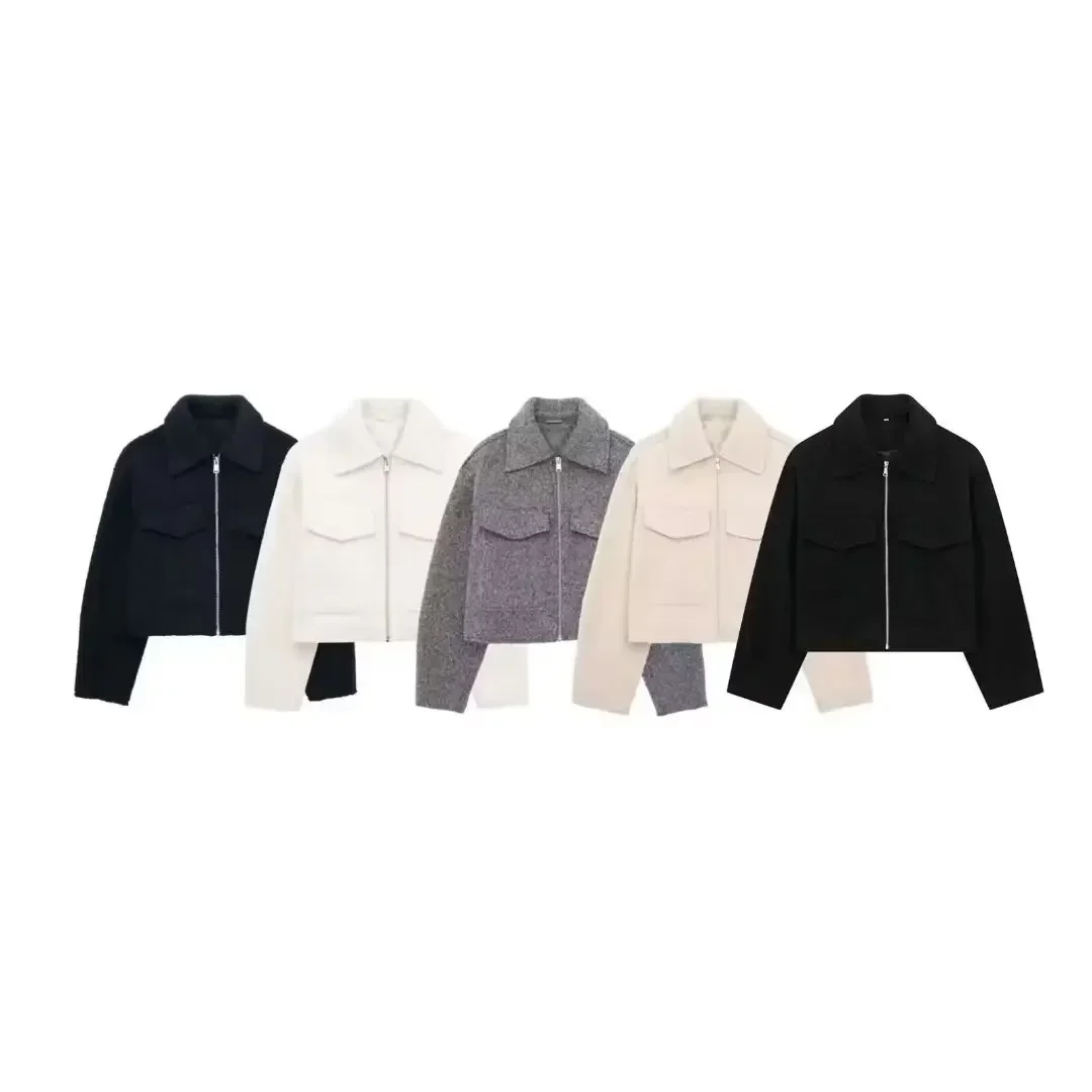 Women's new fashion flap pocket decoration casual versatile woolen jacket coat retro long sleeved zipper women's coat chic top