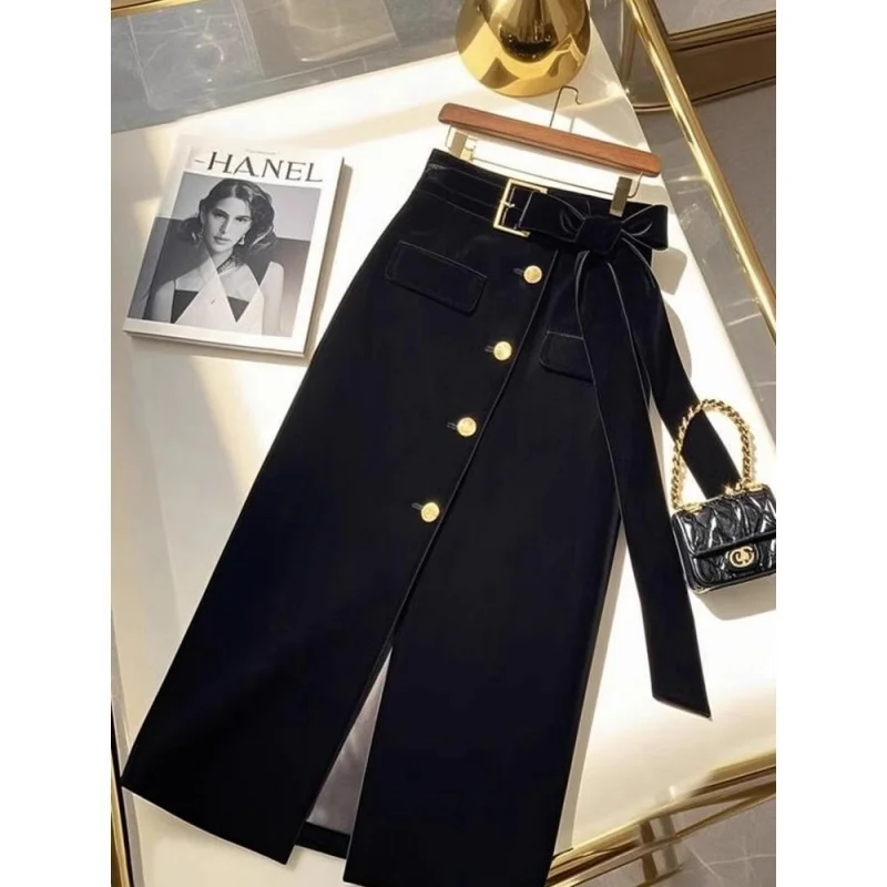 New French Fashion Split Midi Skirt Women Autumn Winter High Waist Lace-Up Bow Single Breasted Slim Office Lady Skirts Jupe