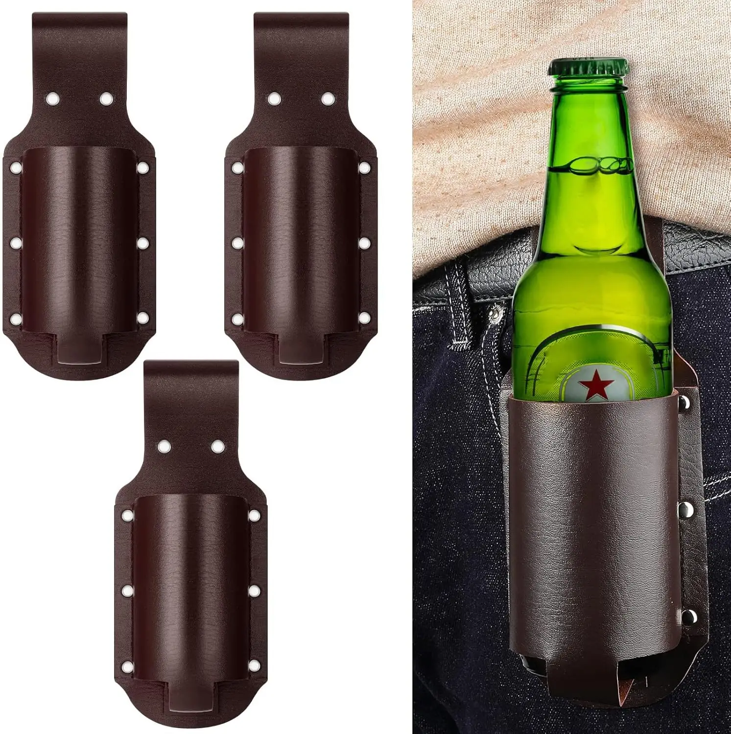 1pc Leather Beer Holster Portable Bottle Waist Beer Belt Bag Handy Wine Bottles Beverage Can Holder for Outdoor Camping Hiking