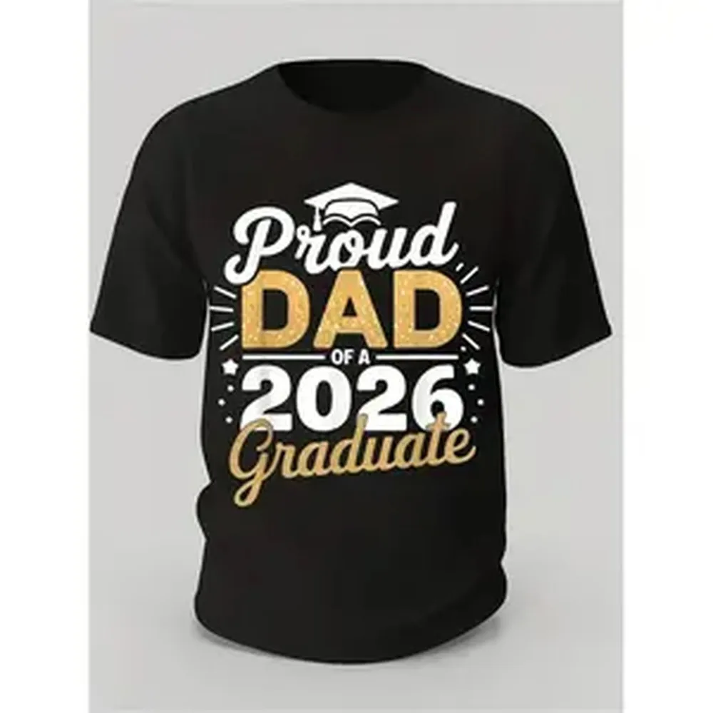 Class of 2026 Graduation T-Shirt - Proud Dad of a 2026 Graduate, Golden Lettering & Diploma Design, 100% Cotton Loose Fit S-XXXL, Black Casual Shirt for 2026 Year Parents Gift