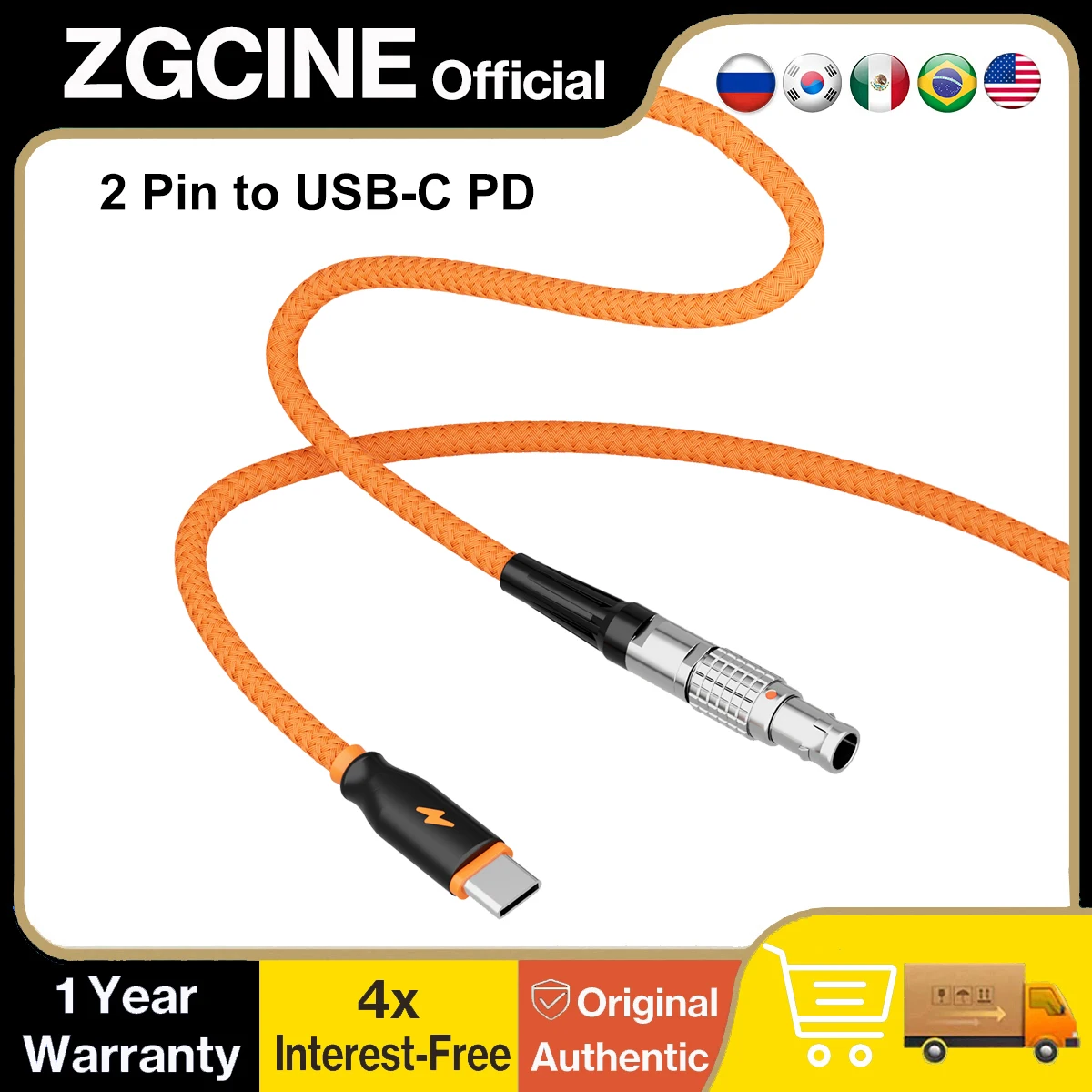 ZGCINE Straight 2-Pin to USB-C PD Power Cable 12V 3A 36W Max Nylon Braided 60cm for Teradek SmallHD Z-CAM
