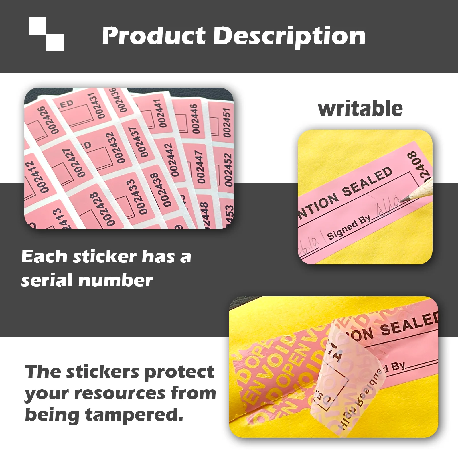 8.5x2.5cm 100% Total Transfer Tamper Evident labels Security Warranty Void Stickers pink Triple Serial Numbers seal sticker