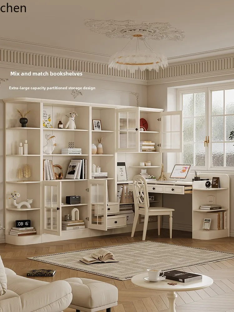 HT Cream Style All Solid Wood Corner Desk Bookshelf Integrated Home Desk Corner Storage Rack