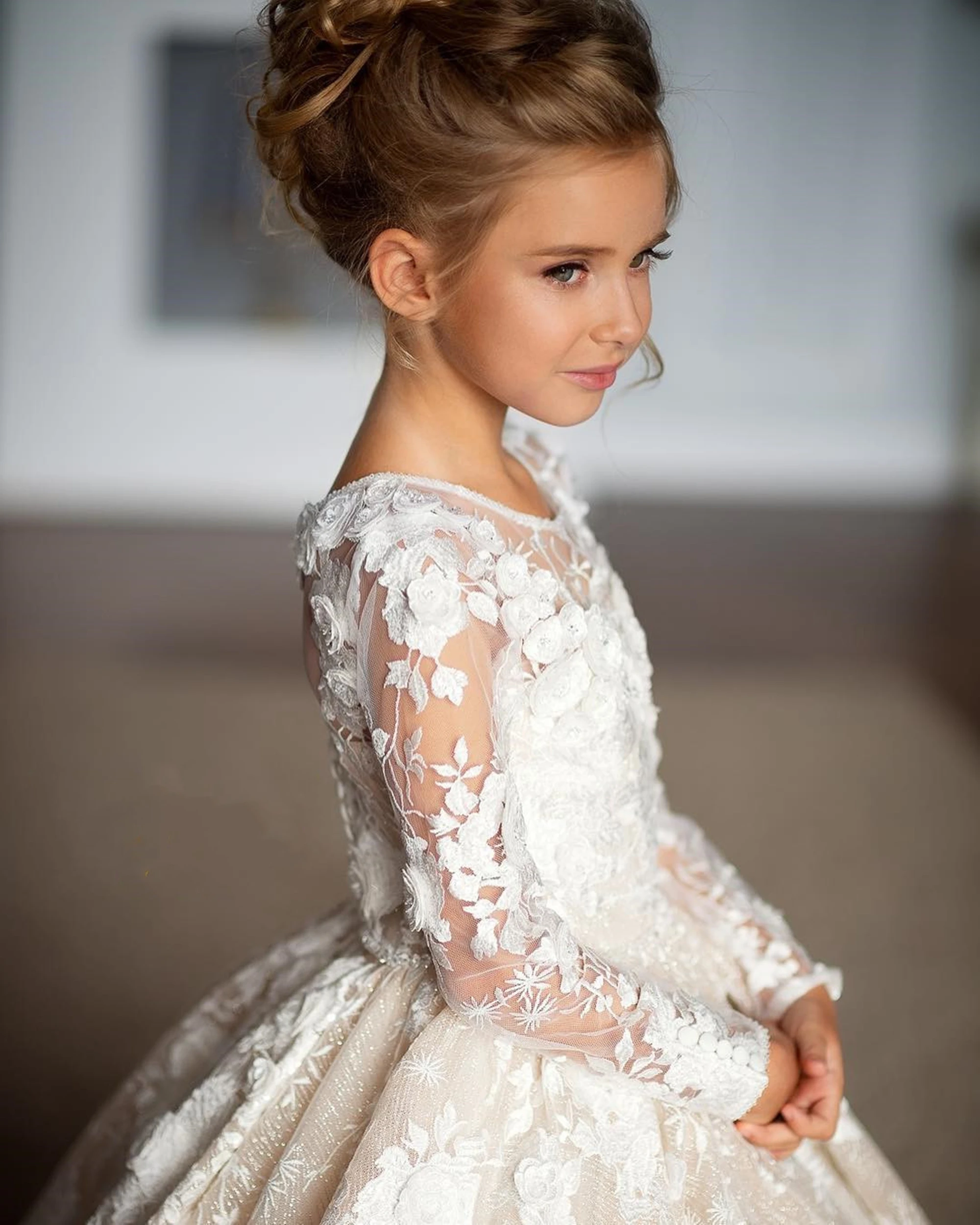 Luxury Lace Appliques Flower Girl Dress Bows Children's First holy Communion Dress Princess Formal Tulle Ball Gown Wedding Party