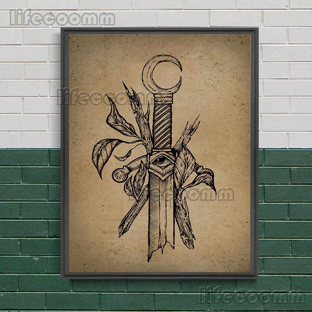 Alchemist And Witchcraft Illustration Wall Art Canvas Painting,Key,Holy Sword,Libra,Skeleton Undead,Abstract Art Poster Print