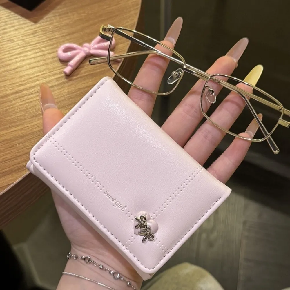 Fashion Large Capacity Love Bow Wallet Foldable Multi-card Slot Tri-fold Short Wallet Compact PU Leather Card Holder Student