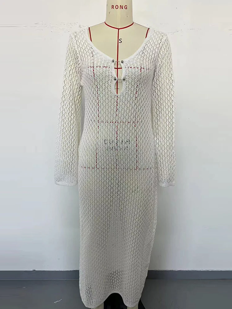 فستان مثير منسوج من الكروشيه للشاطئ للنساء 2026 بياقة على شكل V وأكمام طويلة مفرغة بيكيني يغطي نمط بوهو رداء كبير الحجم