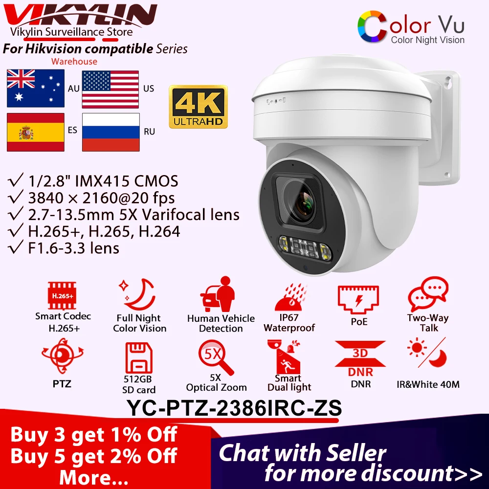 Vikylin Hikvision Compatible 8MP 5X Zoom PTZ Camera POE Smart Dual Light ColorVu 2-way Audio Home CCTV Video Surveillance Camera