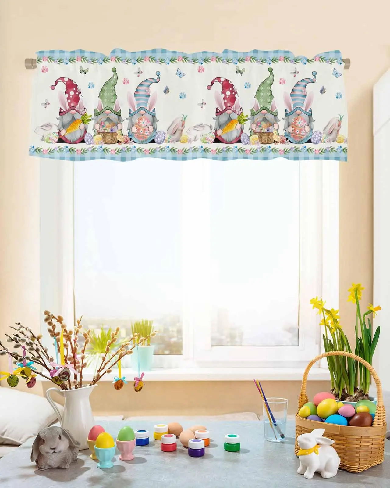 Easter Gnomes Curtain Valances for Windows,  Easter Eggs Bunny Window Treatment Rod Pocket Valance Curtains Kitchen