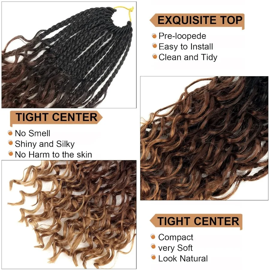 آلهة صندوق الضفائر الكروشيه الشعر مع أطراف مجعدة 14 بوصة البوهيمي نمط صندوق الضفائر الكروشيه الضفائر 8 حزم 3X جدائل صناعية