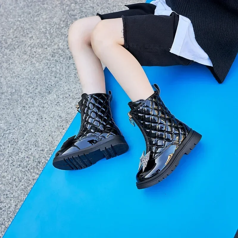 2024 New Black Ankle Boots Children Flat Bottom Princess Rhinestone Bow Front Zip Casual Glossy Kids Fashion Girls Chelsea Boots