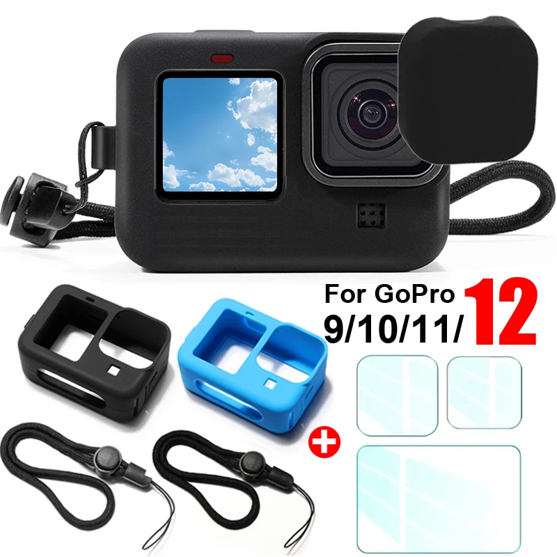 For GoPro Hero 12 11 10 9 Silicone Case Protective Sleeve Lanyard Tempered Glass Screen Protector Lens Cap For GoPro12 Pro 11 10