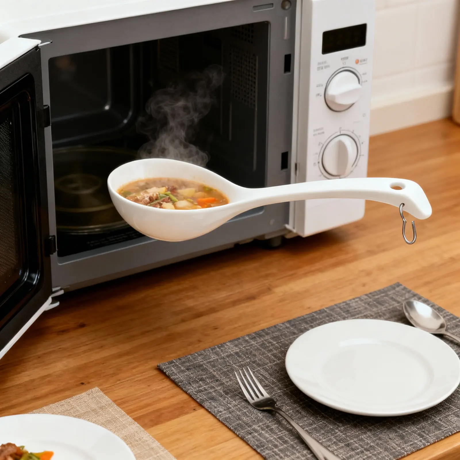 Cuchara para Sopa Asiática de Porcelana Fina con Mango Ergonómico Recubierto de Acero para Ramen, Pho, Wonton, Sopa Miso, Apta para Lavavajillas y Microondas