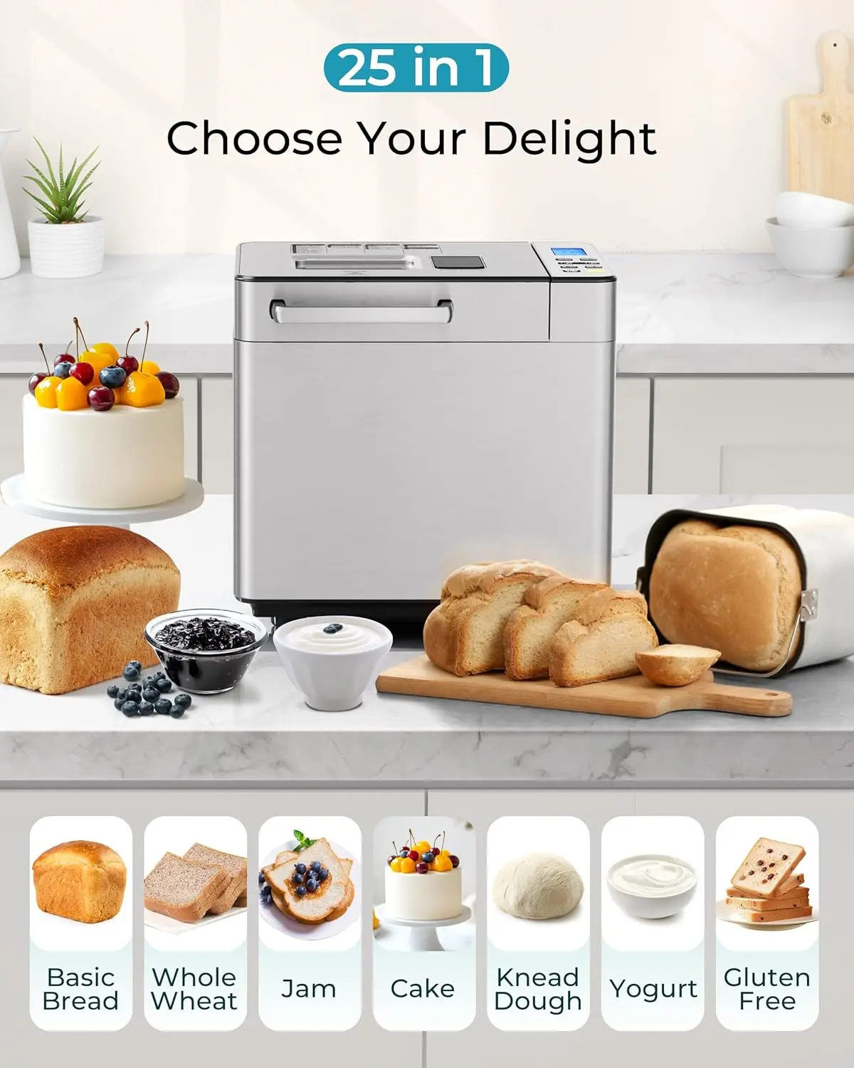 25-in-1 Bread Maker Machine 2LB Breadmaker, Bread Machines with Nut Dispenser and Yeast Dispenser, 3 Loaf Sizes 3 Crust Colors,