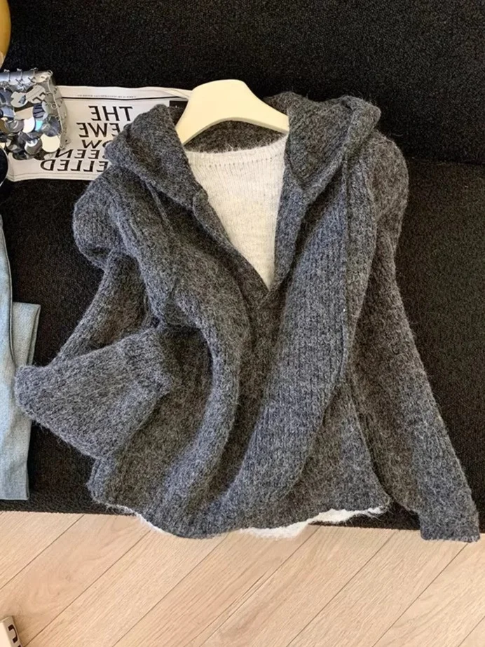 

Женская мягкая вязаная шапка-свитер, имитация двухслойной одежды, длинный рукав, V-образный вырез, повседневный стиль, шапка-шарф