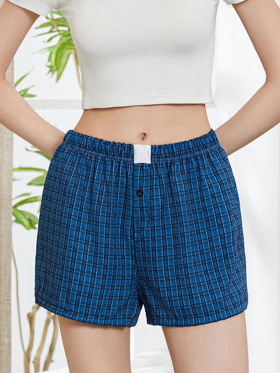 

Women Boxer Shorts y2k Clothes Solid Color/Plaid Print Elastic Waist Lounge Hot Pants with Button Decor Streetwear