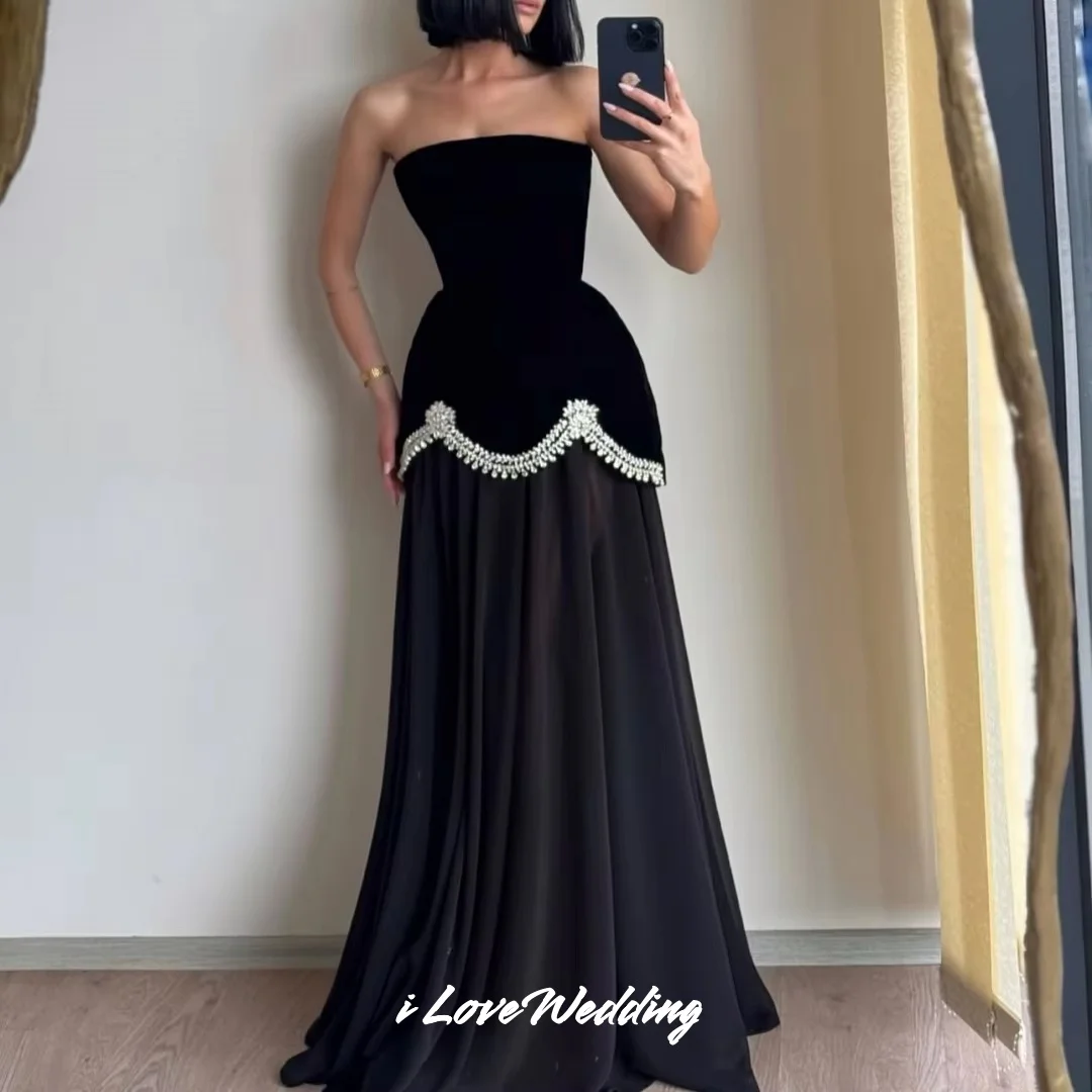 ブラック ビーズ A ライン ストラップレス ノースリーブ プロムドレス ローブ ド ソワレ ウェディング パーティー ドレス フロアレングス エレガント プリーツ カスタム