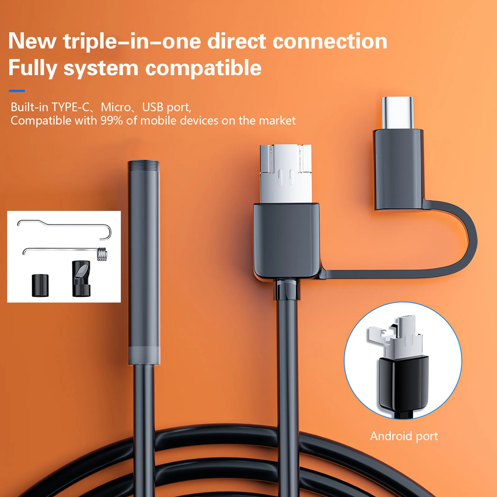 7.0MM TYPE-C Endoscope Camera IP67 Waterproof 6 LEDs Adjustable USB Android Flexible Inspection Borescope Cameras for Phone PC