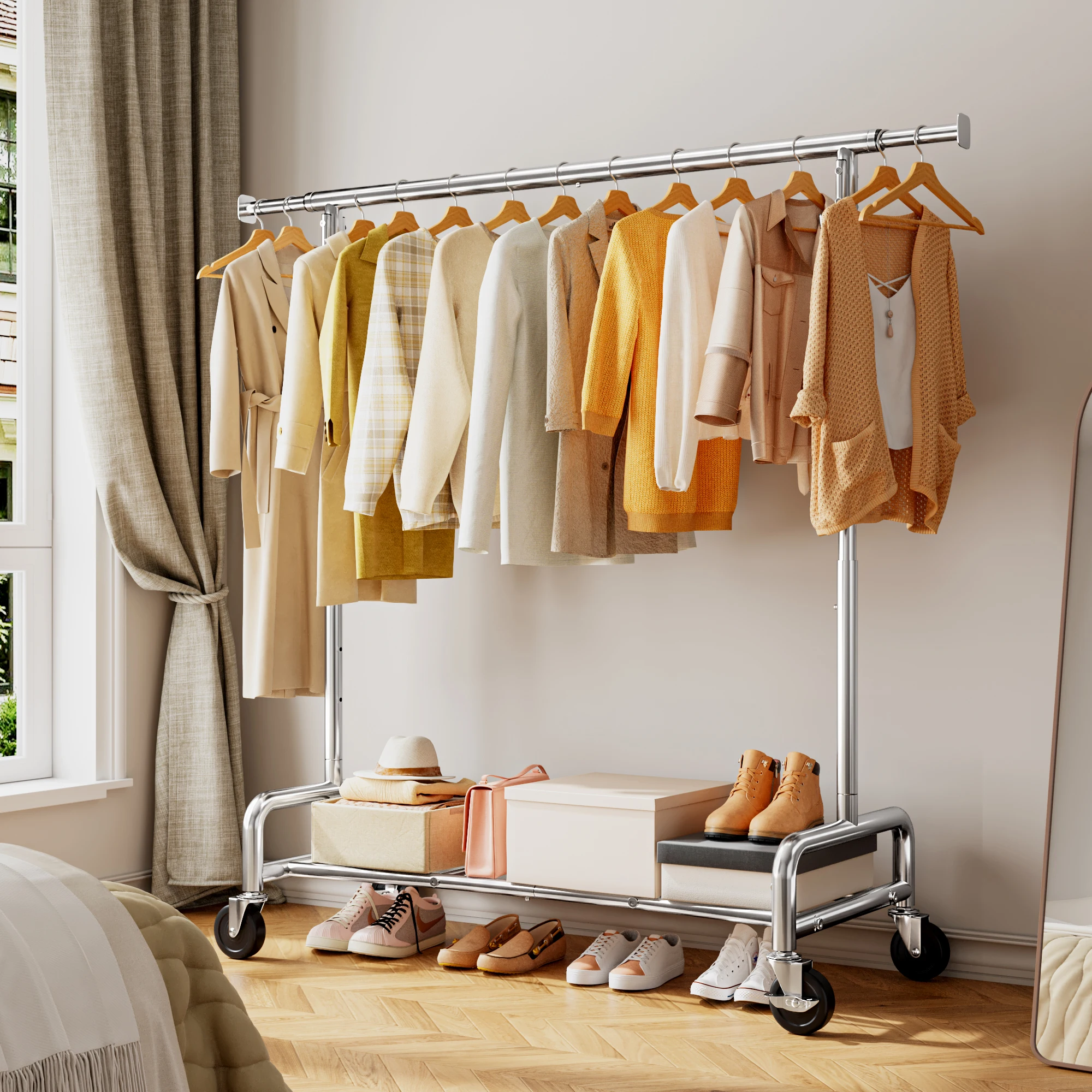 EnHomee 76"W Heavy-Duty Garment Rack  450 Lbs Capacity, Lockable Wheels, Adjustable Height  For Bedroom, Laundry Room, or Closet
